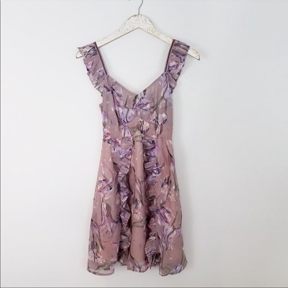 💲FOXIEDOX Lilac Smocked Floral Ruffle Dress 4 NWT